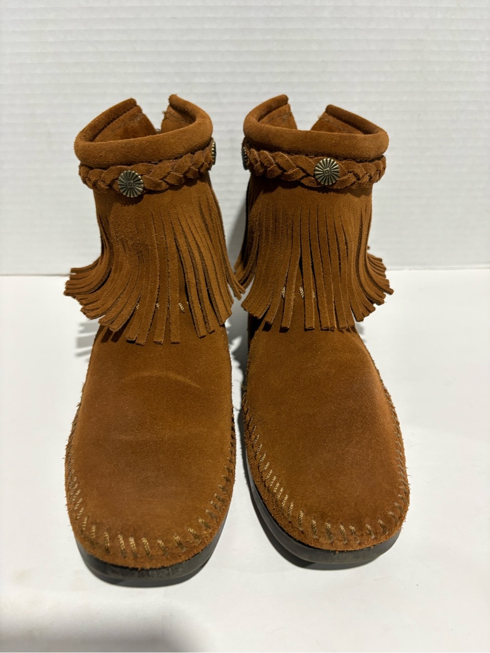 Minnetonka Suede Fringe Ankle Boots - Chestnut Brown